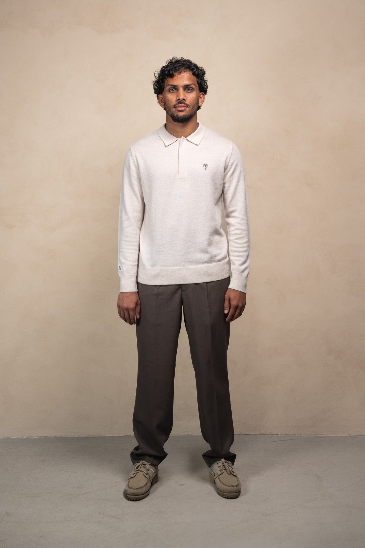 Merino Long Sleeve Polo Sand Beige
