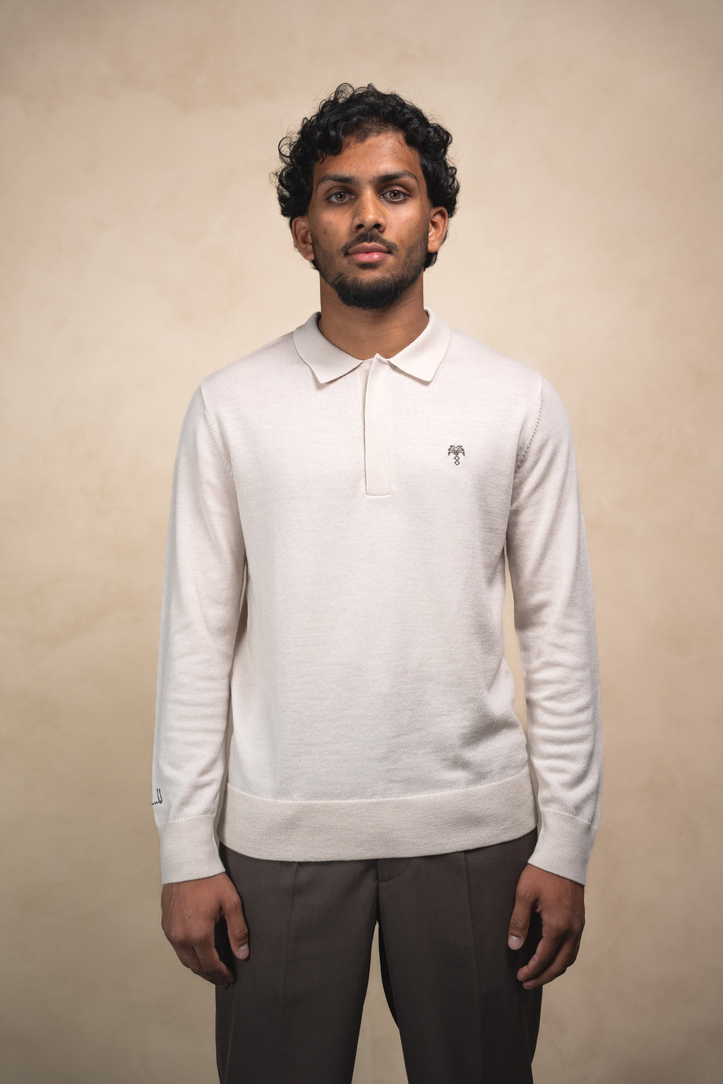 Merino Long Sleeve Polo Sand Beige