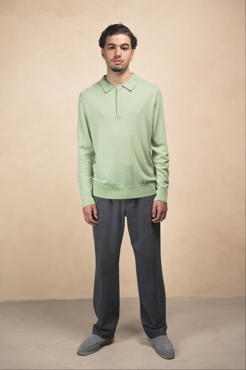 Merino Longsleeve Polo Pistachio Green