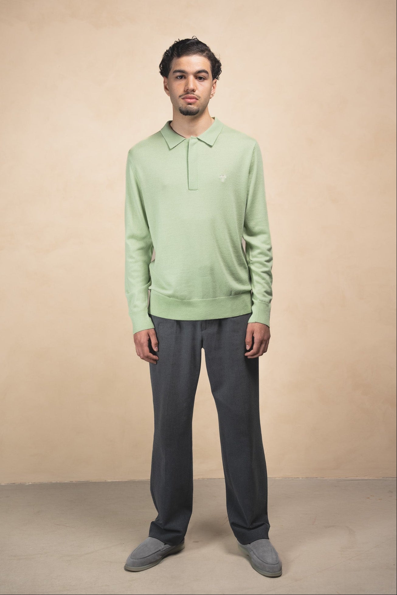 Merino Longsleeve Polo Pistachio Green